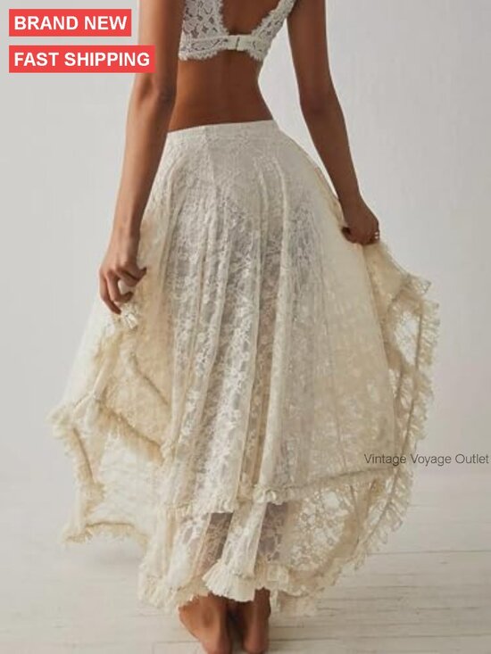 Lace Maxi Skirt Elastic Waist Asymmetrical Hem Sheer Flowy Beach Cover Up - Picture 6 of 7
